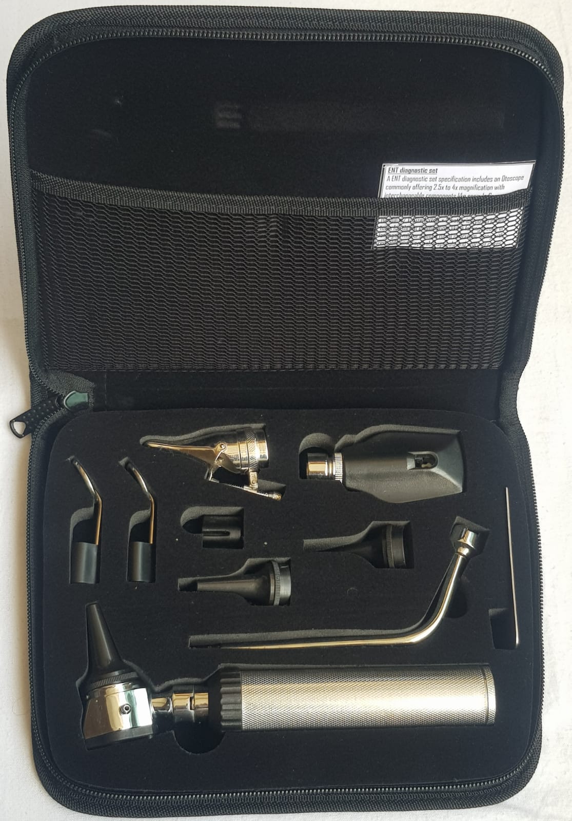 ENT Diagnostic Set — Otoscope, Ophthalmoscope, Nasal Speculum, Laryngeal Mirrors + Handle