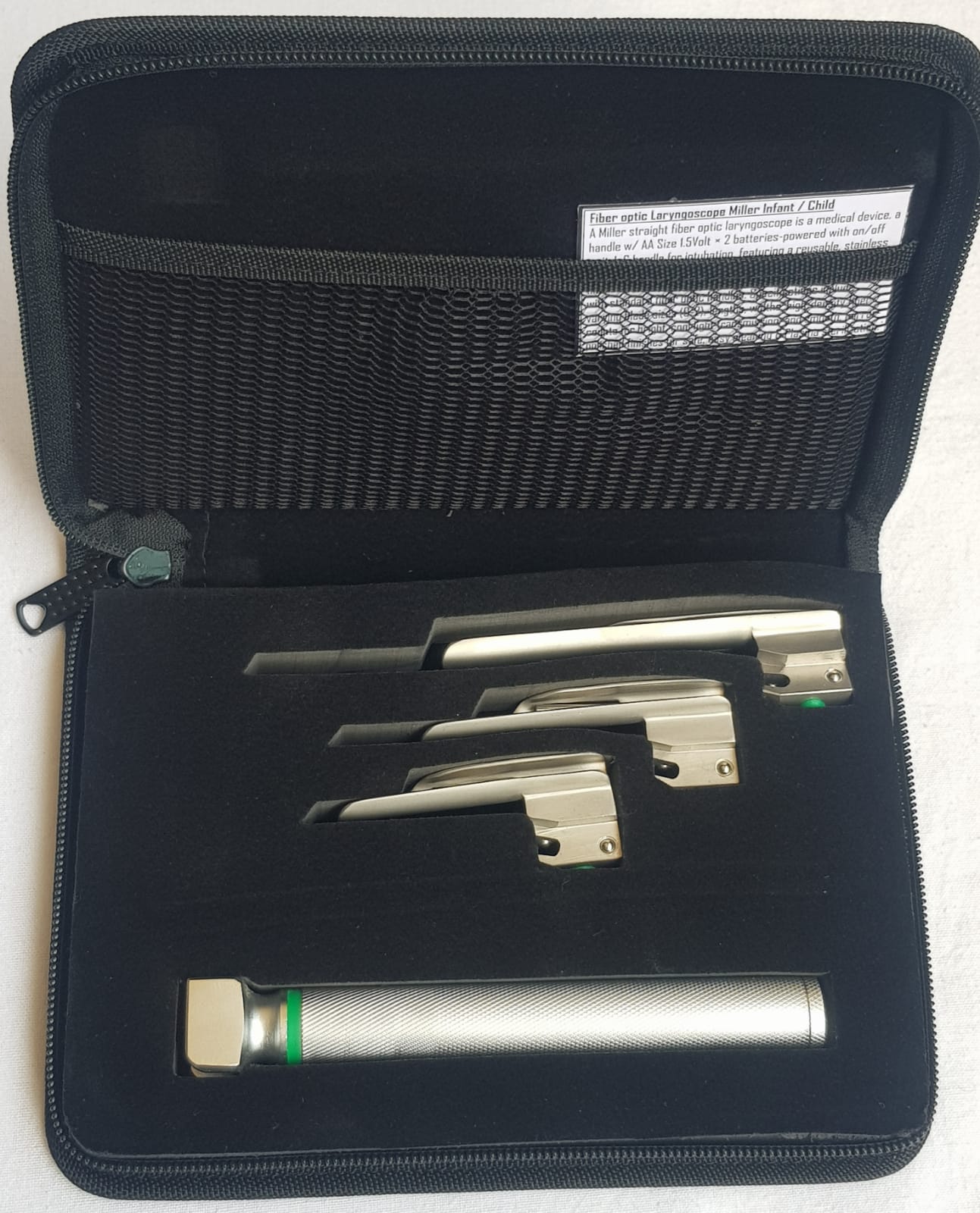 Miller Straight Fiberoptic Laryngoscope Infant & Child Set — 3 Blades + Battery Handle